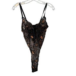 Lovelace of Hollywood Sheer Lace thong Teddy Bodysuit Black Gold Ribbons M NWOT